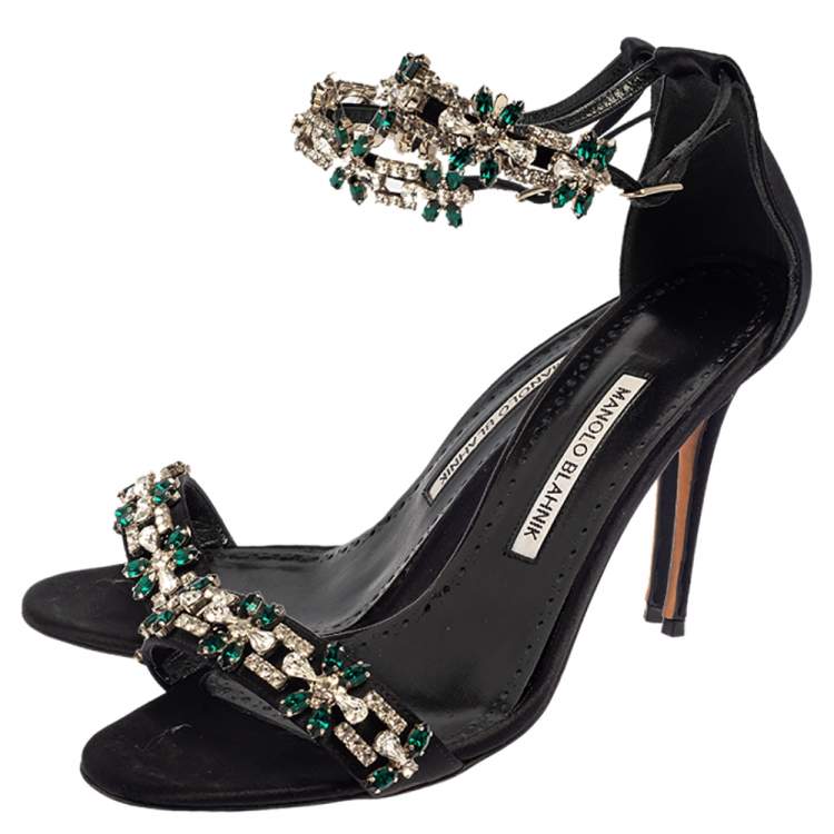 Pre Owned Manolo Blahnik Black Satin Firadou Crystal Embellished Ankle Strap Sandals Size 39.5