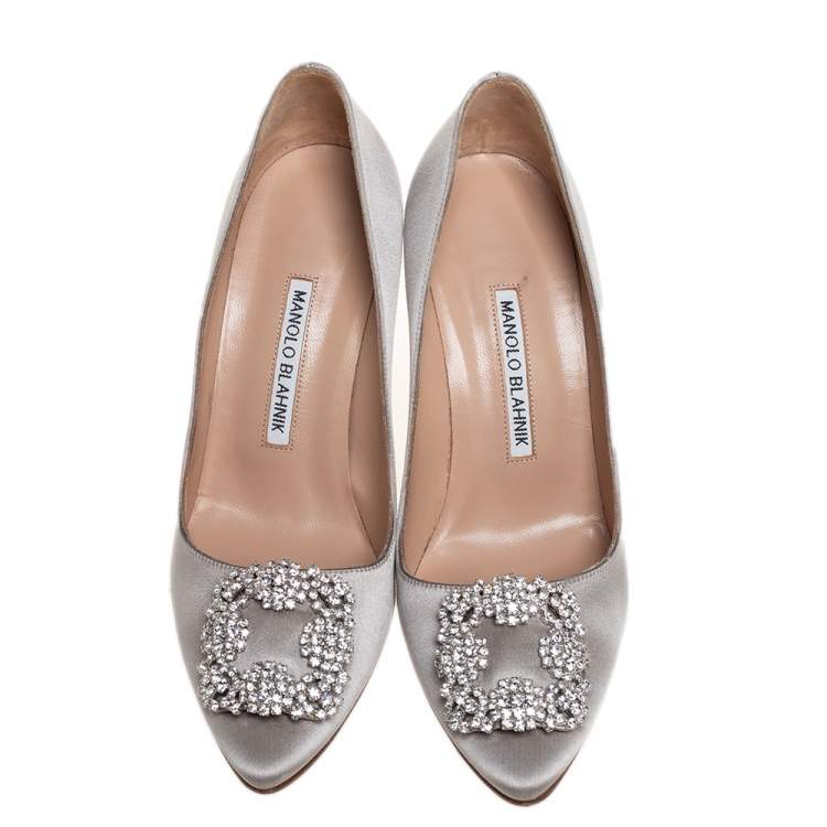 Pre Owned Manolo Blahnik Grey Satin Hangisi Pumps Size 37