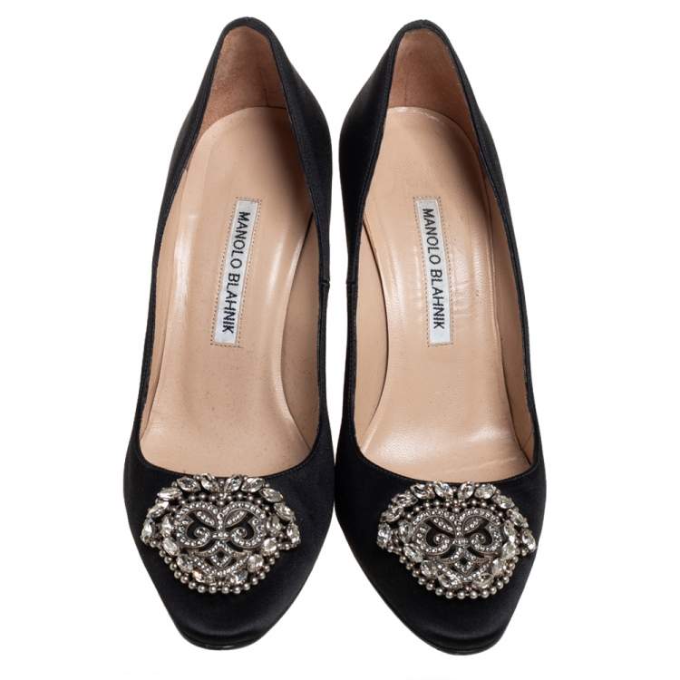 Pre Owned Manolo Blahnik Black Satin Okkava Crystal Embellished Pumps Size 38.5