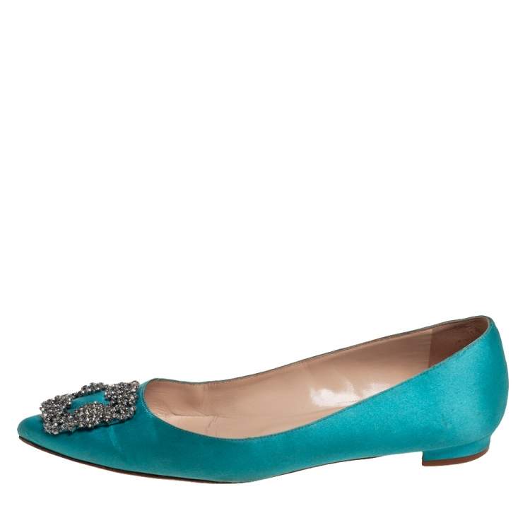 Pre Owned Manolo Blahnik Green Satin Hangisi Ballet Flats Size 38