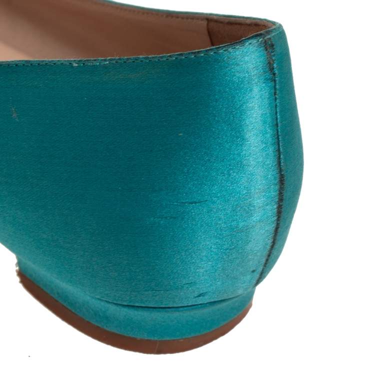 Pre Owned Manolo Blahnik Green Satin Hangisi Ballet Flats Size 38