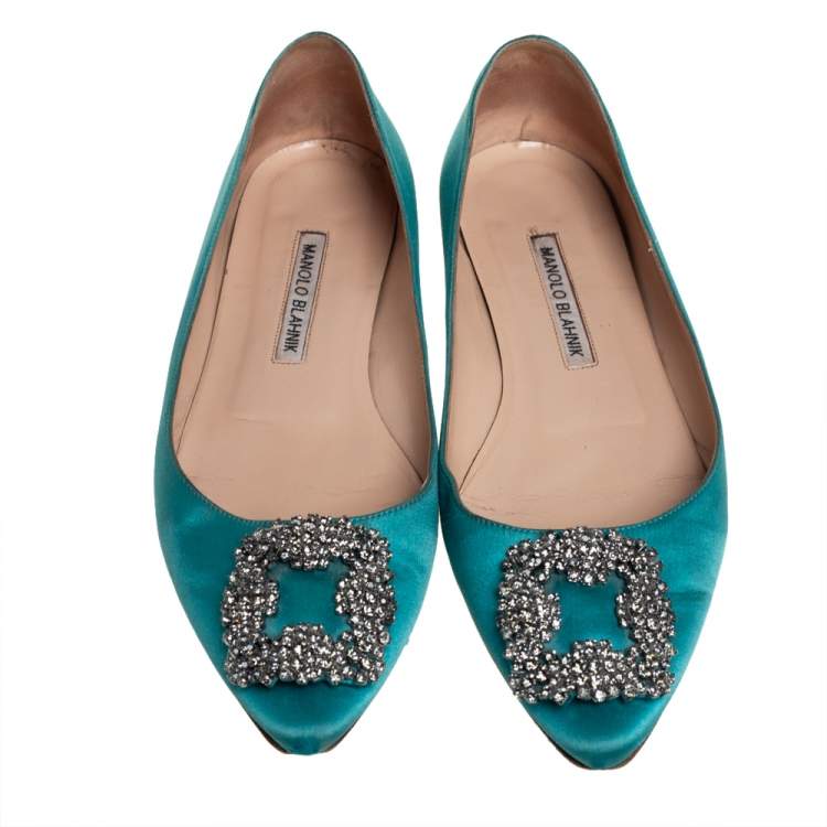 Pre Owned Manolo Blahnik Green Satin Hangisi Ballet Flats Size 38