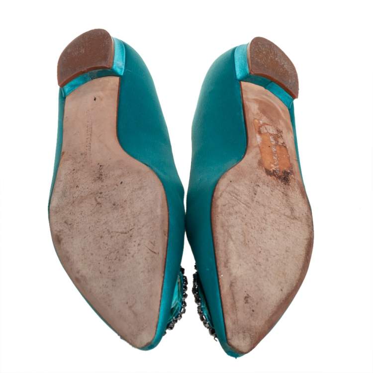 Pre Owned Manolo Blahnik Green Satin Hangisi Ballet Flats Size 38