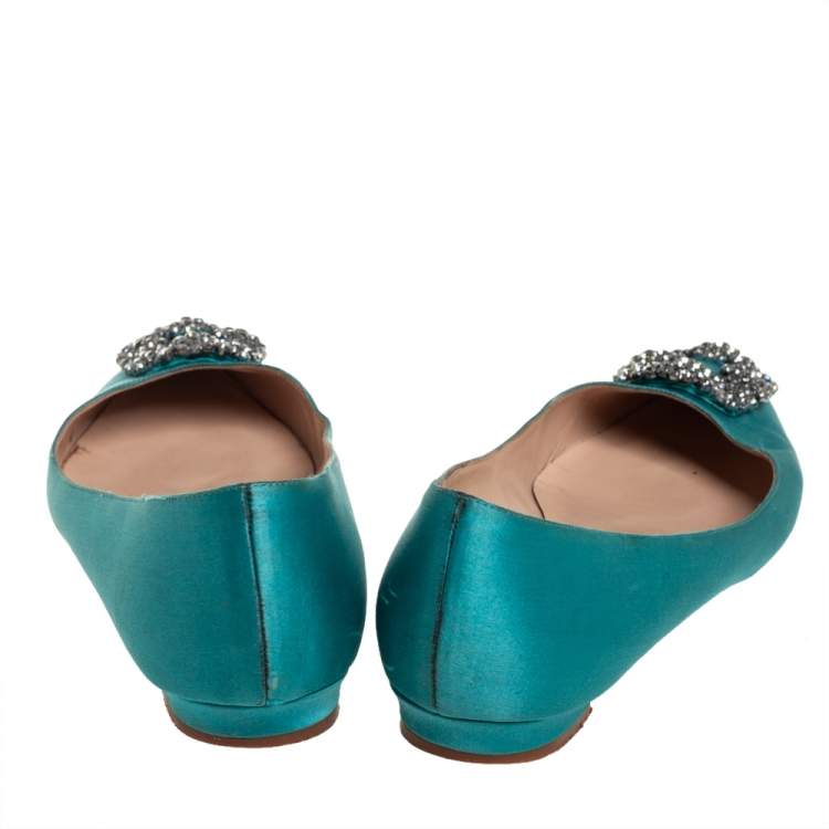 Pre Owned Manolo Blahnik Green Satin Hangisi Ballet Flats Size 38