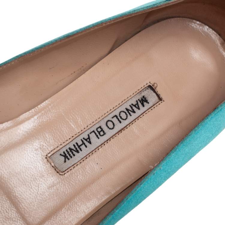 Pre Owned Manolo Blahnik Green Satin Hangisi Ballet Flats Size 38