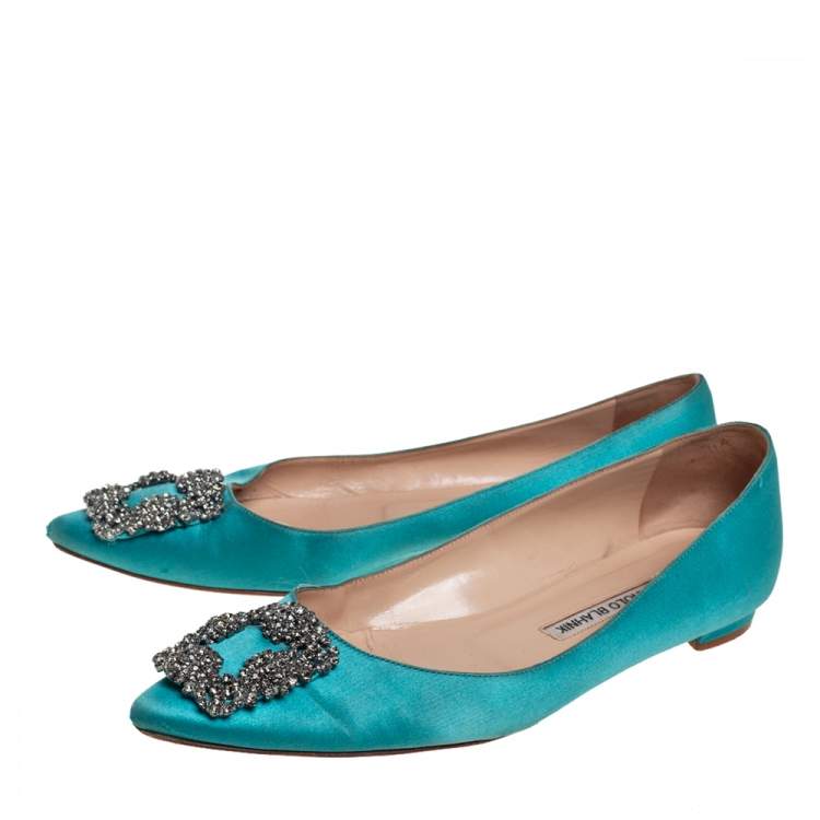 Pre Owned Manolo Blahnik Green Satin Hangisi Ballet Flats Size 38