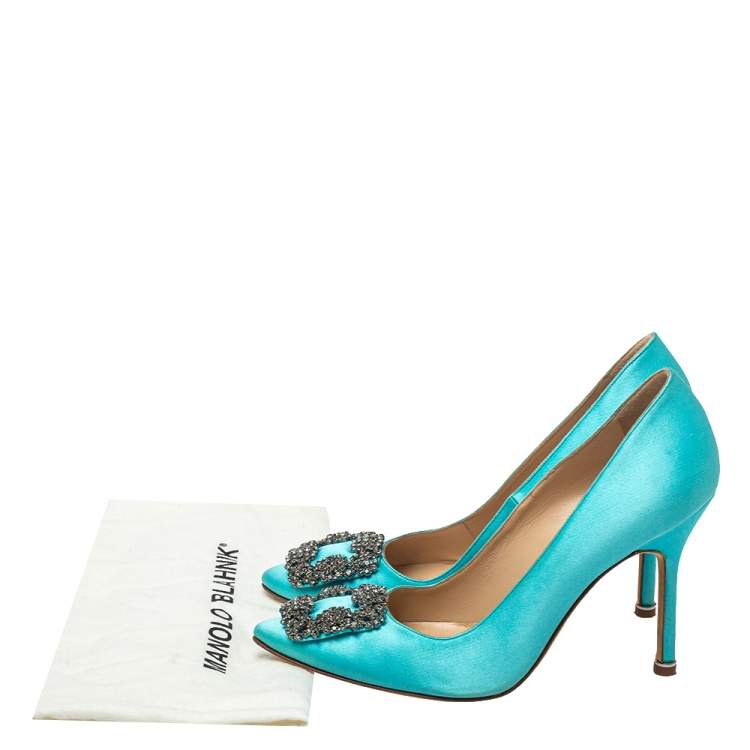 Pre Owned Manolo Blahnik Blue Satin Hangisi Crystal Embellished Pumps Size 37.5