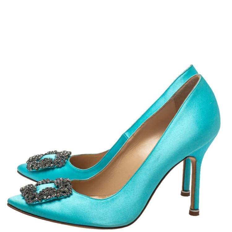 Pre Owned Manolo Blahnik Blue Satin Hangisi Crystal Embellished Pumps Size 37.5
