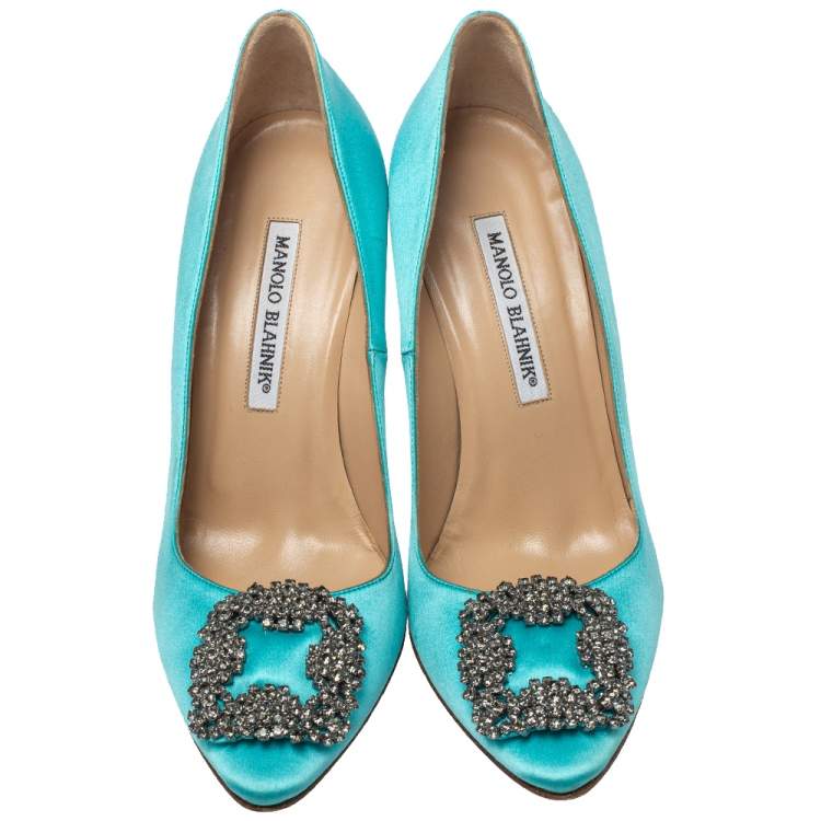 Pre Owned Manolo Blahnik Blue Satin Hangisi Crystal Embellished Pumps Size 37.5
