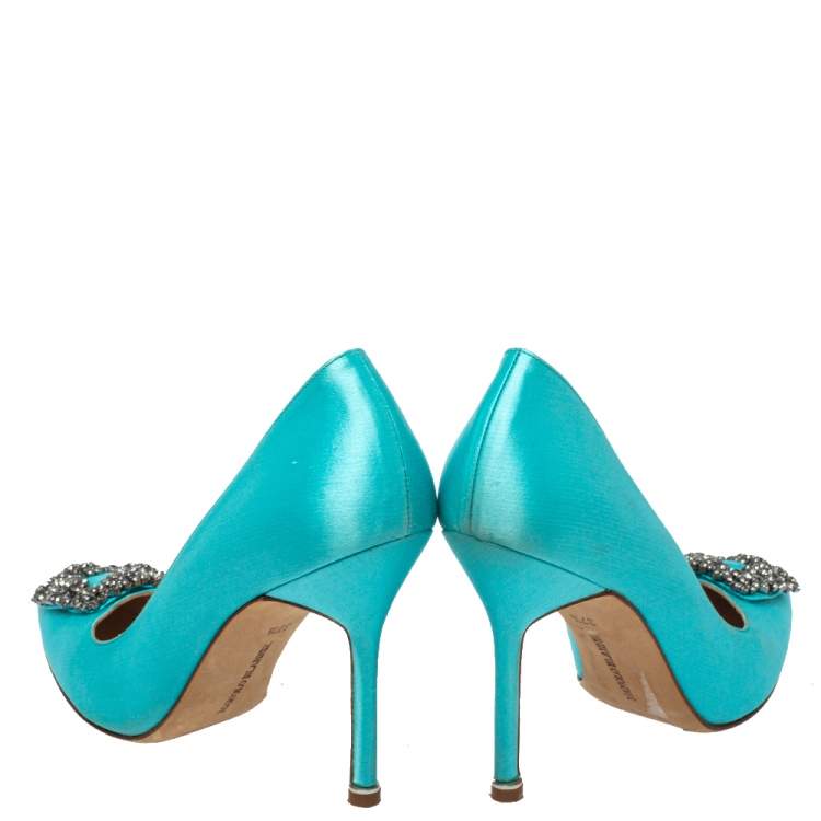 Pre Owned Manolo Blahnik Blue Satin Hangisi Crystal Embellished Pumps Size 37.5