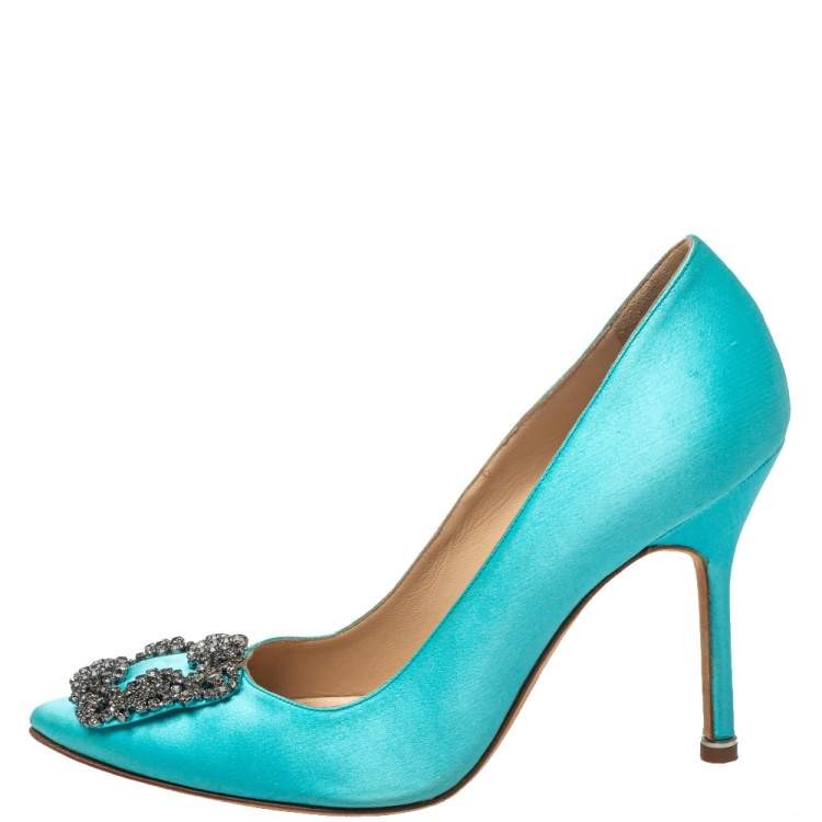 Pre Owned Manolo Blahnik Blue Satin Hangisi Crystal Embellished Pumps Size 37.5