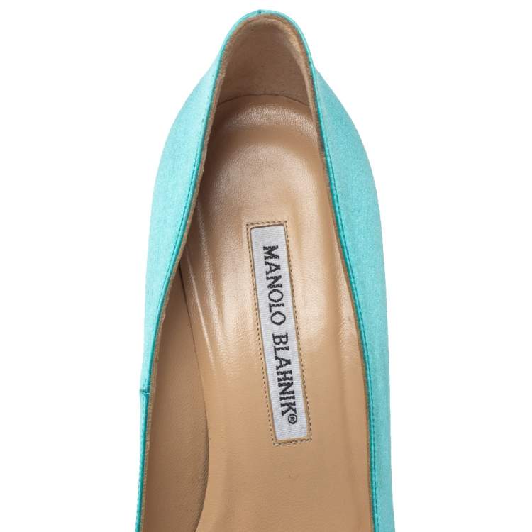 Pre Owned Manolo Blahnik Blue Satin Hangisi Crystal Embellished Pumps Size 37.5