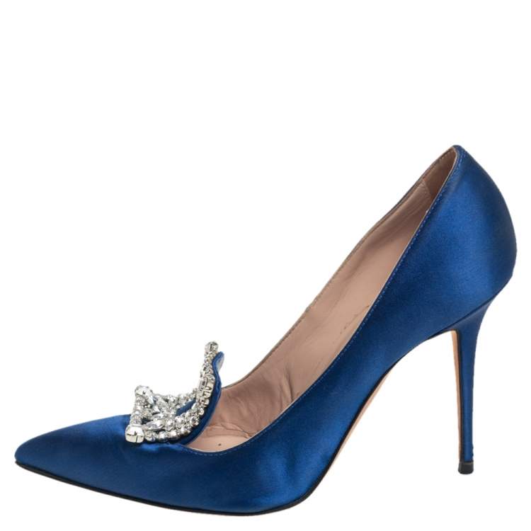 Pre Owned Manolo Blahnik Blue Satin Embellished Pointed Toe Pumps Size 37.5