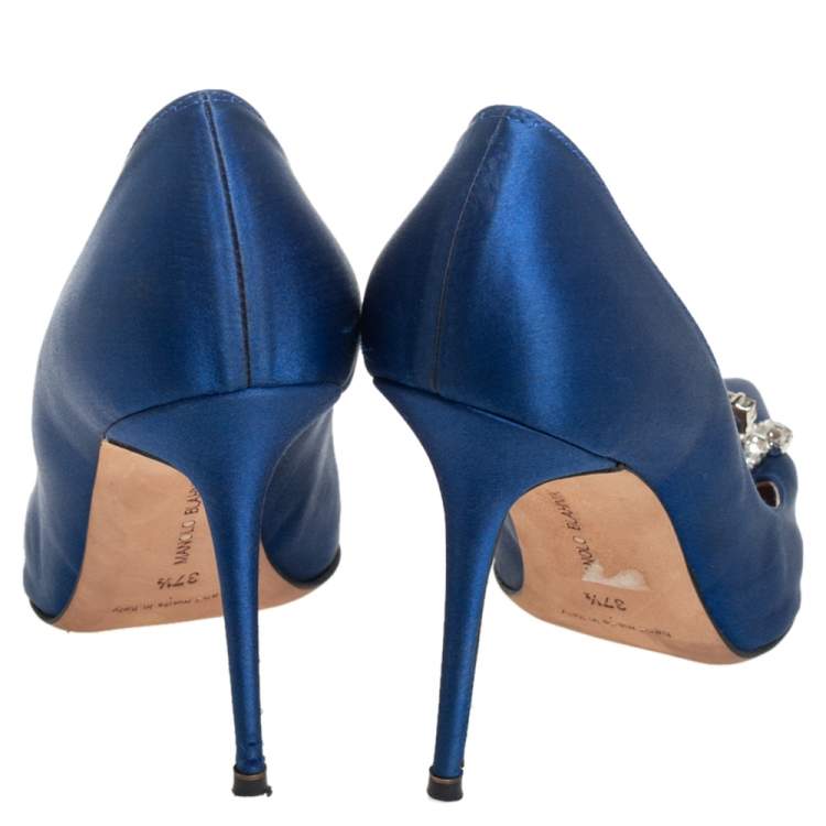 Pre Owned Manolo Blahnik Blue Satin Embellished Pointed Toe Pumps Size 37.5