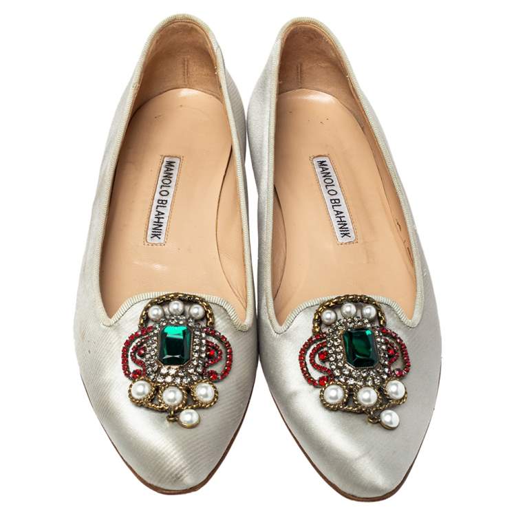 Pre Owned Manolo Blahnik Grey Satin Eufrasia Smoking Slippers Size 35