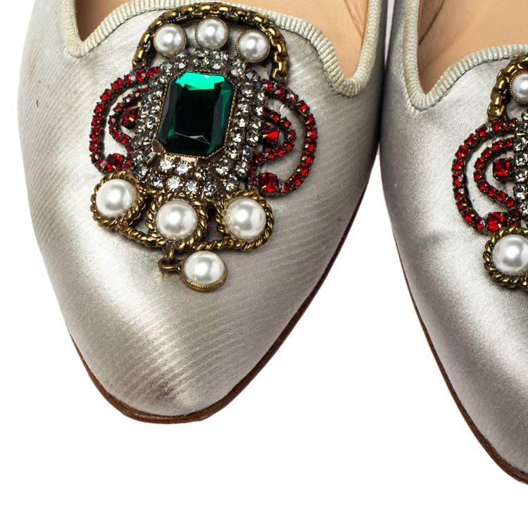Pre Owned Manolo Blahnik Grey Satin Eufrasia Smoking Slippers Size 35
