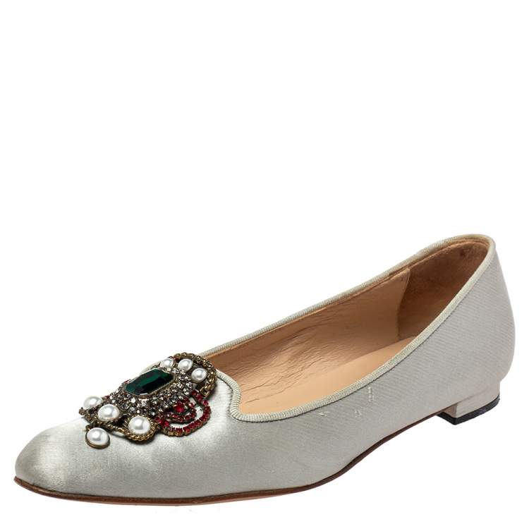 Pre Owned Manolo Blahnik Grey Satin Eufrasia Smoking Slippers Size 35
