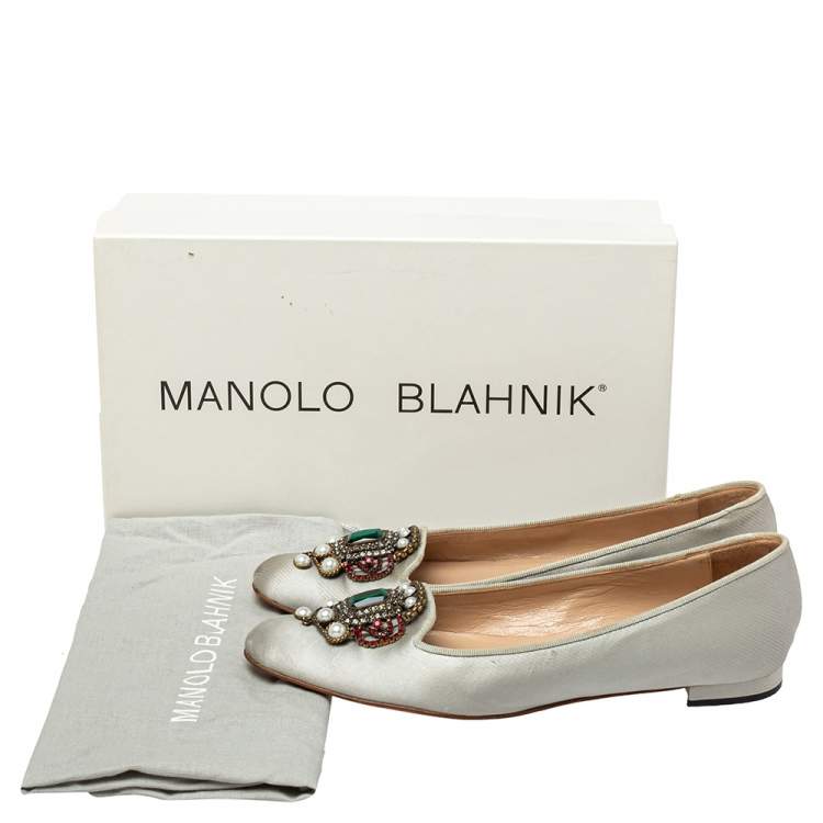 Pre Owned Manolo Blahnik Grey Satin Eufrasia Smoking Slippers Size 35