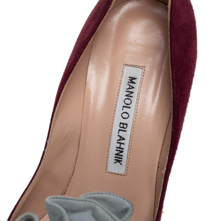 Pre Owned Manolo Blahnik Burgundy And Grey Suede Arleti Frill Detail Pumps Size 35