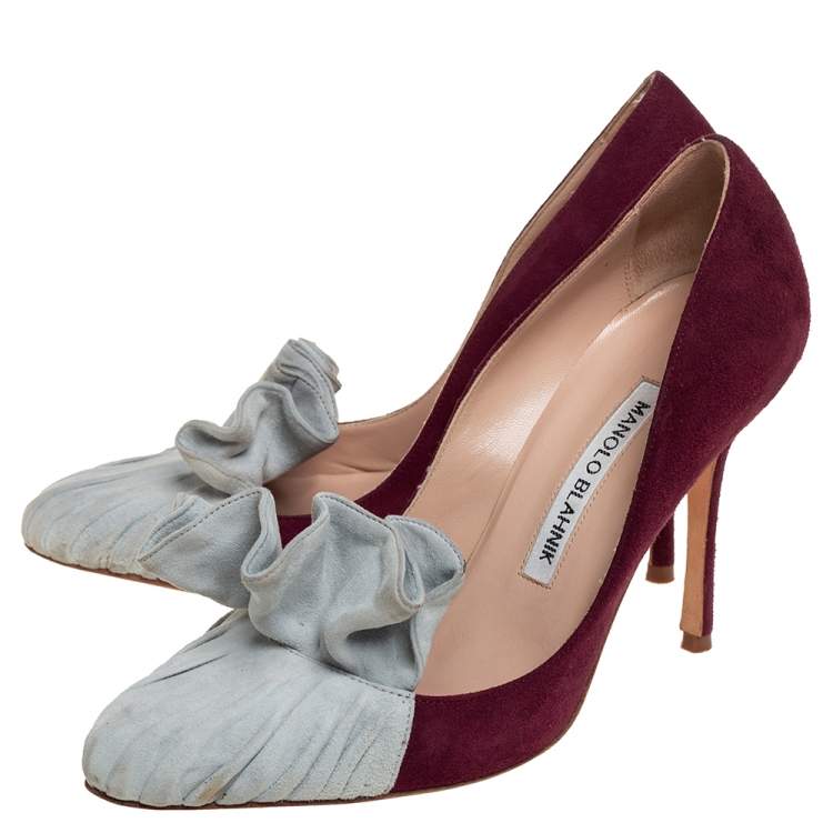 Pre Owned Manolo Blahnik Burgundy And Grey Suede Arleti Frill Detail Pumps Size 35