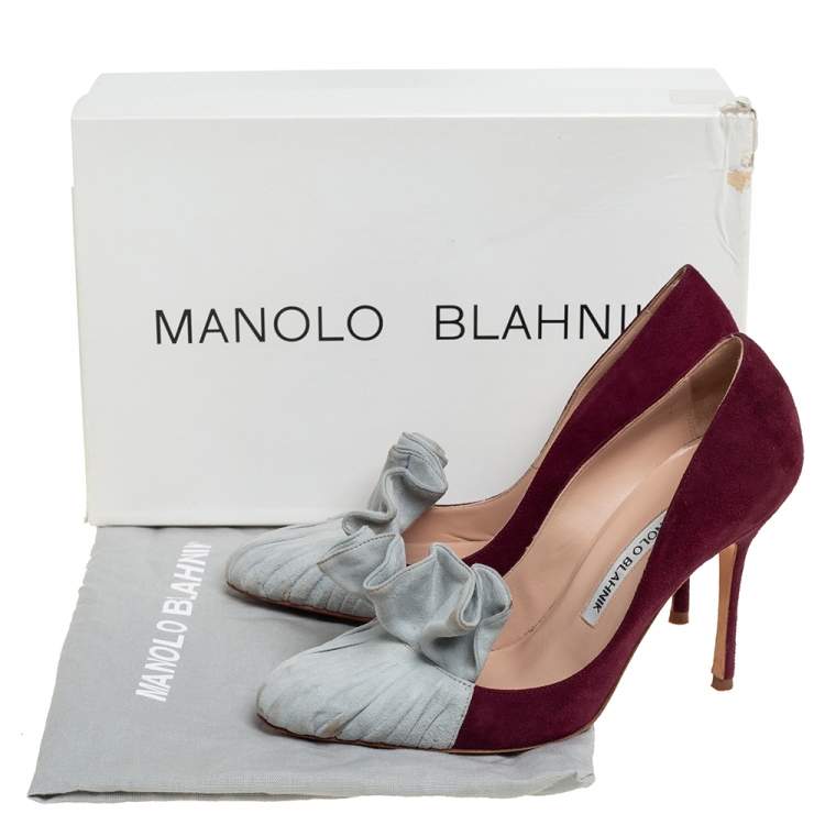 Pre Owned Manolo Blahnik Burgundy And Grey Suede Arleti Frill Detail Pumps Size 35