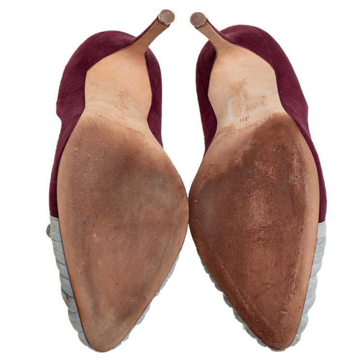 Pre Owned Manolo Blahnik Burgundy And Grey Suede Arleti Frill Detail Pumps Size 35