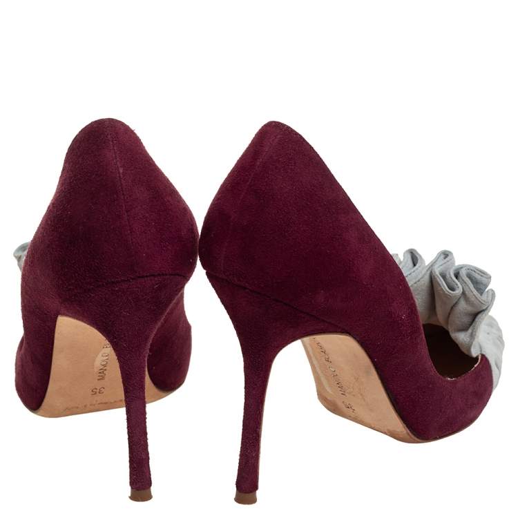 Pre Owned Manolo Blahnik Burgundy And Grey Suede Arleti Frill Detail Pumps Size 35