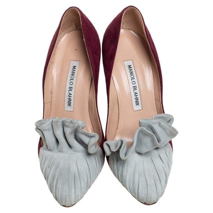 Pre Owned Manolo Blahnik Burgundy And Grey Suede Arleti Frill Detail Pumps Size 35