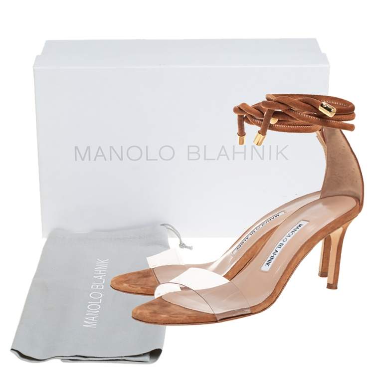 Pre Owned Manolo Blahnik Camel Suede And PVC Estro Ankle Wrap Sandals Size 36