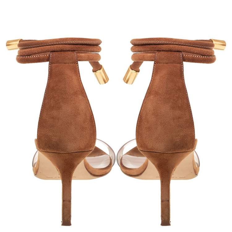 Pre Owned Manolo Blahnik Camel Suede And PVC Estro Ankle Wrap Sandals Size 36