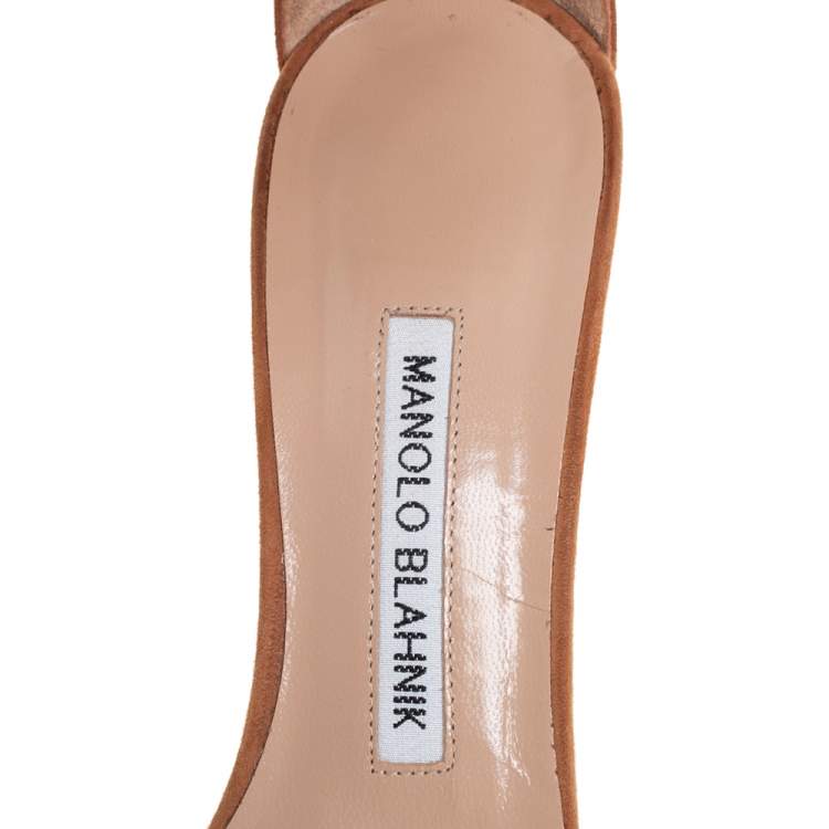 Pre Owned Manolo Blahnik Camel Suede And PVC Estro Ankle Wrap Sandals Size 36