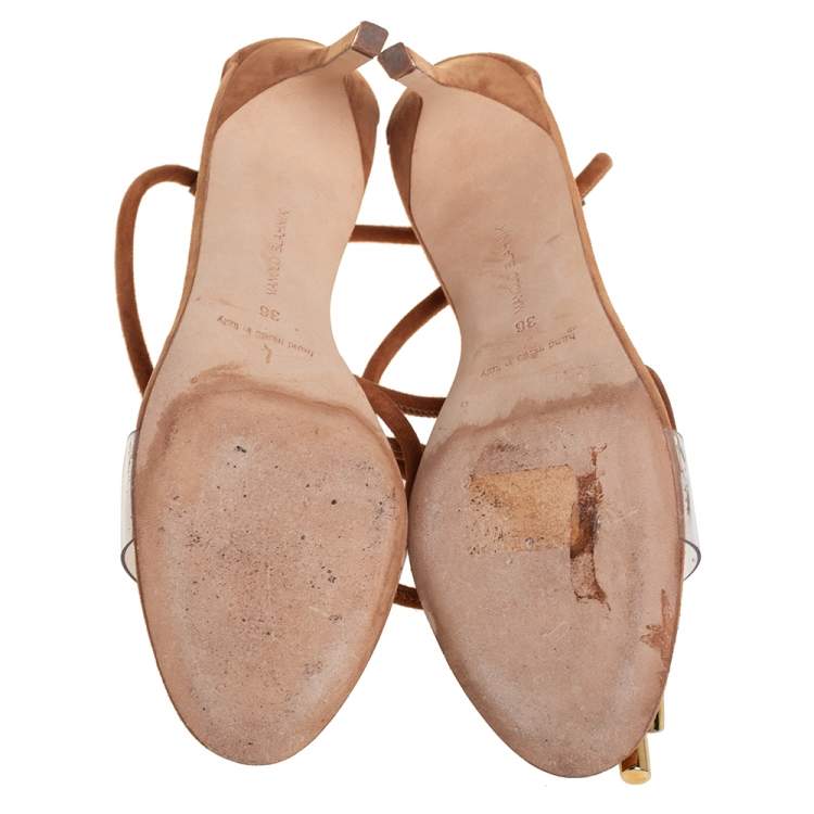 Pre Owned Manolo Blahnik Camel Suede And PVC Estro Ankle Wrap Sandals Size 36