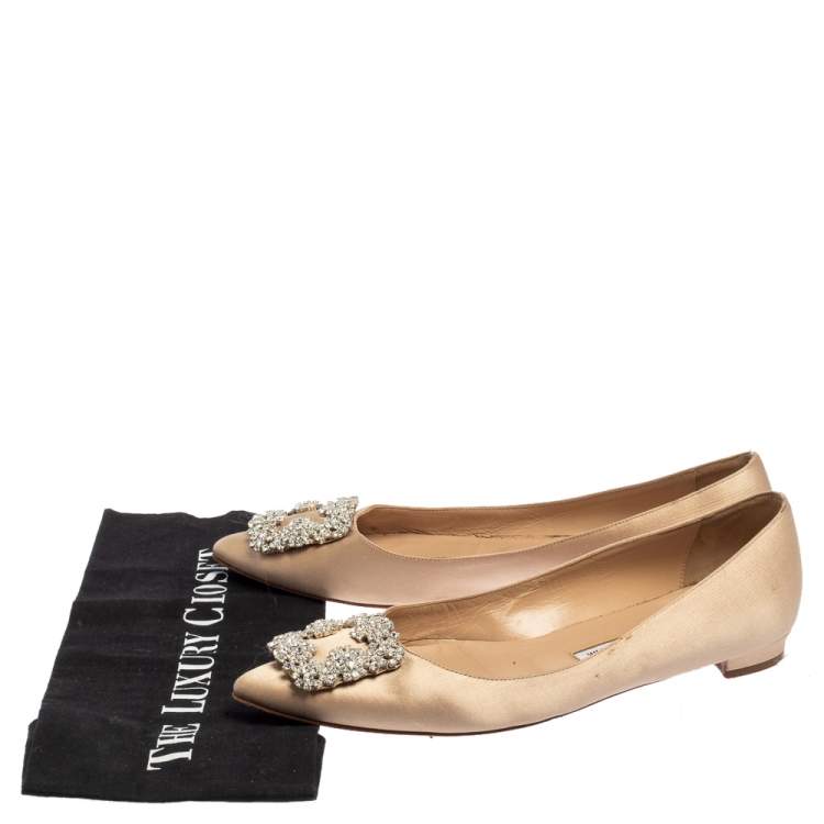 Pre Owned Manolo Blahnik Beige Satin Hangisi Ballet Flats Size 39