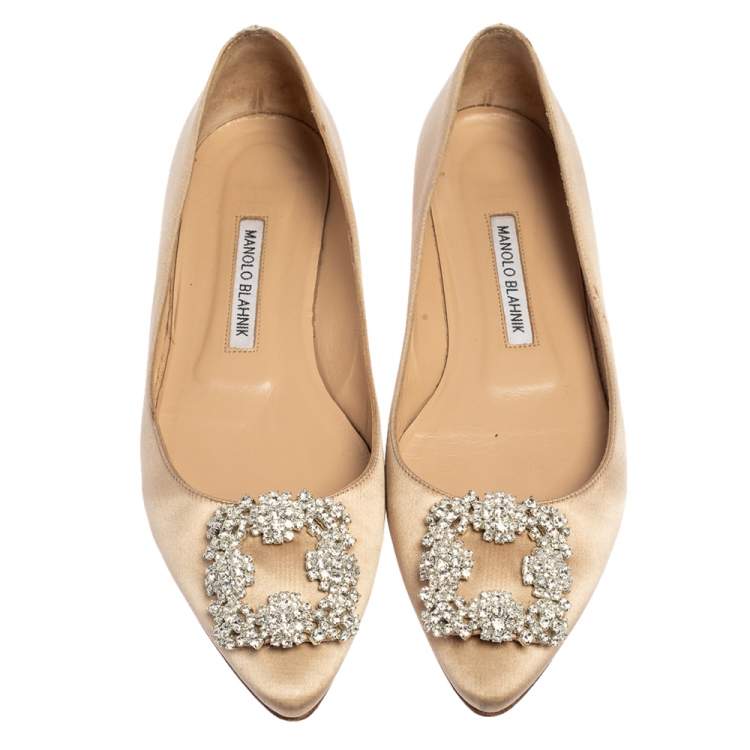 Pre Owned Manolo Blahnik Beige Satin Hangisi Ballet Flats Size 39