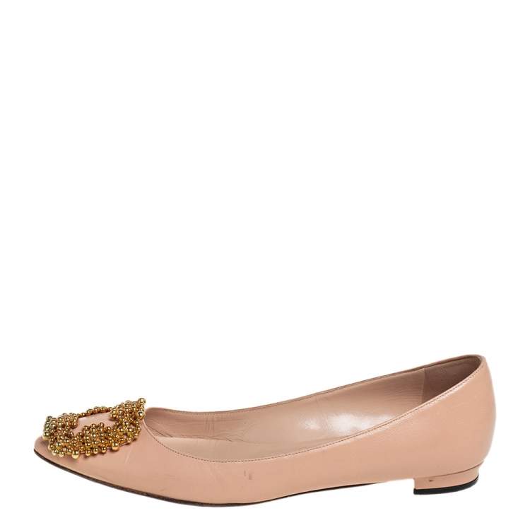 Pre Owned Manolo Blahnik Beige Leather Hangisi Embellished Ballet Flats Size 36