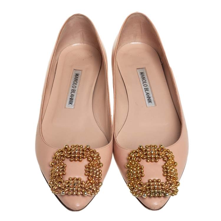 Pre Owned Manolo Blahnik Beige Leather Hangisi Embellished Ballet Flats Size 36
