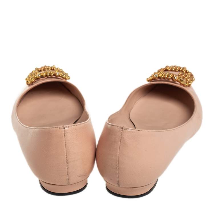 Pre Owned Manolo Blahnik Beige Leather Hangisi Embellished Ballet Flats Size 36