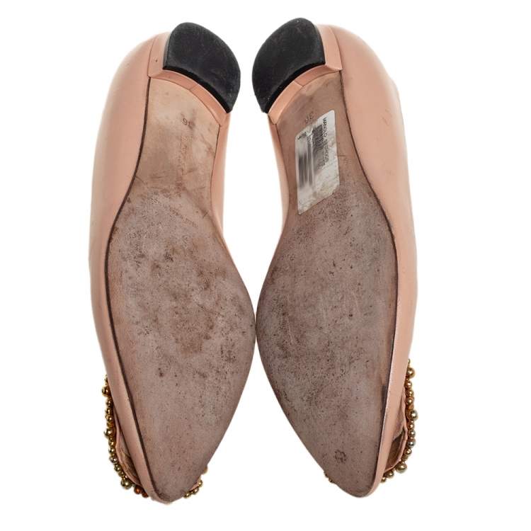 Pre Owned Manolo Blahnik Beige Leather Hangisi Embellished Ballet Flats Size 36