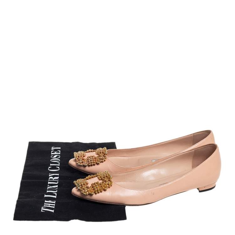 Pre Owned Manolo Blahnik Beige Leather Hangisi Embellished Ballet Flats Size 36