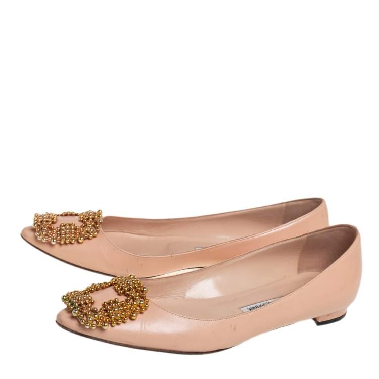 Pre Owned Manolo Blahnik Beige Leather Hangisi Embellished Ballet Flats Size 36