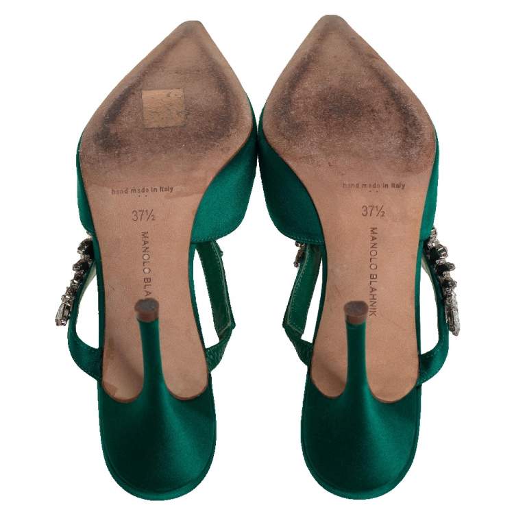 Pre Owned Manolo Blahnik Green Satin Crystal Embellished Lurum Sandals Size 37.5