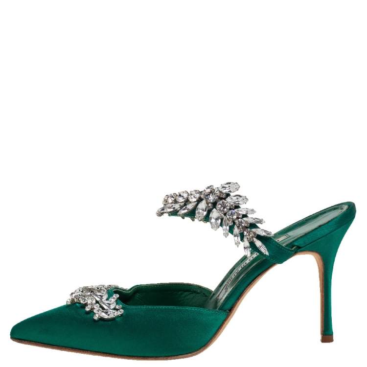 Pre Owned Manolo Blahnik Green Satin Crystal Embellished Lurum Sandals Size 37.5