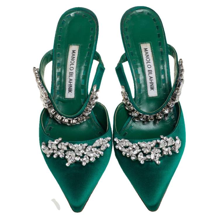 Pre Owned Manolo Blahnik Green Satin Crystal Embellished Lurum Sandals Size 37.5