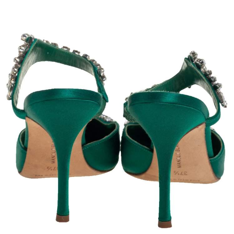 Pre Owned Manolo Blahnik Green Satin Crystal Embellished Lurum Sandals Size 37.5
