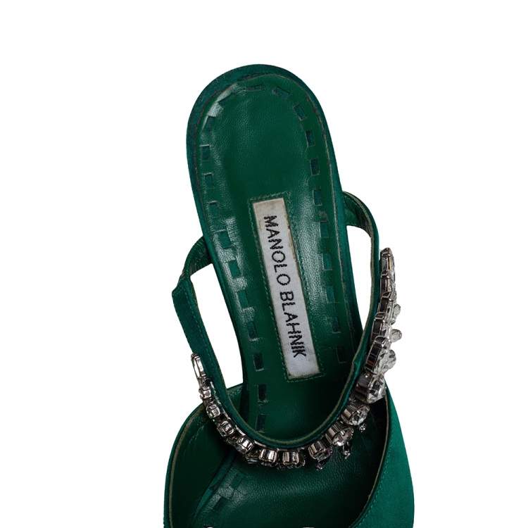 Pre Owned Manolo Blahnik Green Satin Crystal Embellished Lurum Sandals Size 37.5