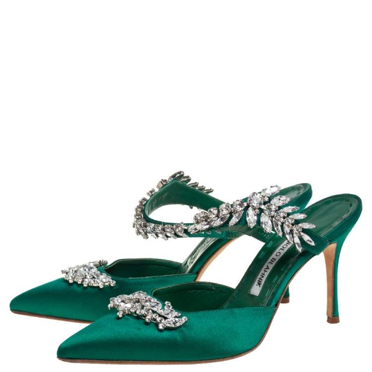 Pre Owned Manolo Blahnik Green Satin Crystal Embellished Lurum Sandals Size 37.5