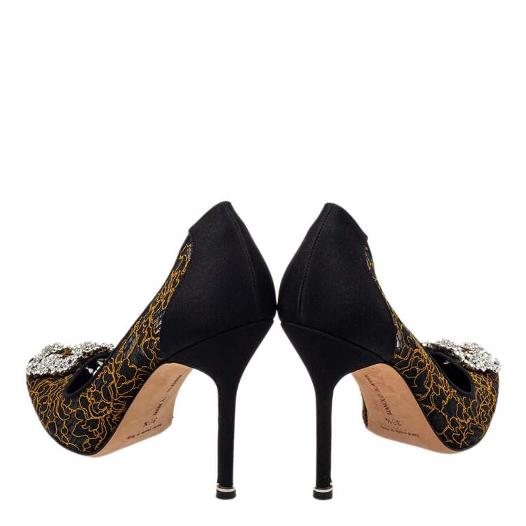 Pre Owned Manolo Blahnik Black Embroidered Mesh And Fabric Hangisi Pumps Size 38.5