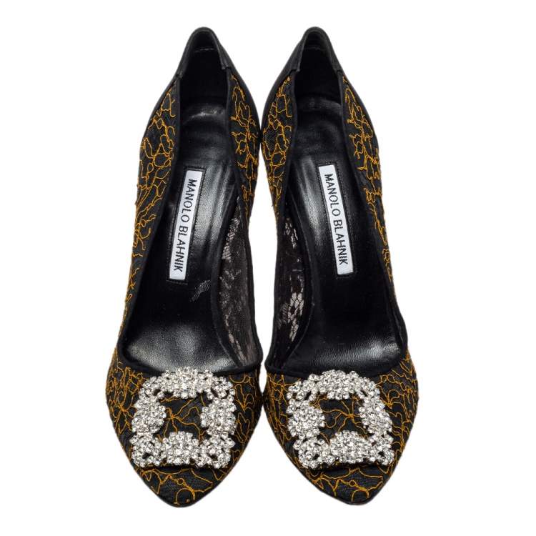 Pre Owned Manolo Blahnik Black Embroidered Mesh And Fabric Hangisi Pumps Size 38.5