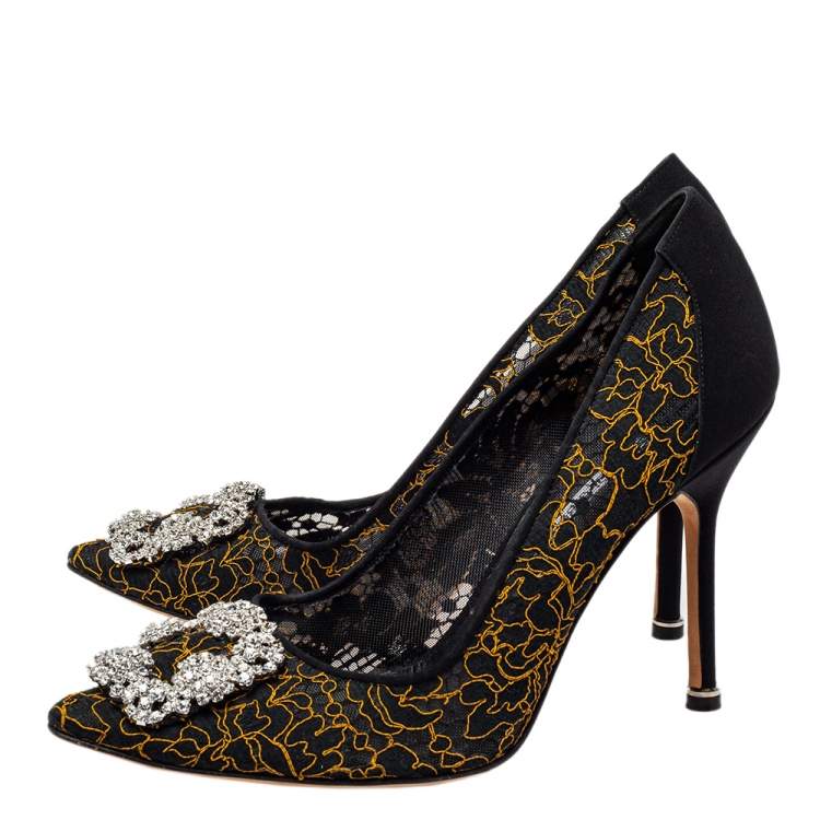 Pre Owned Manolo Blahnik Black Embroidered Mesh And Fabric Hangisi Pumps Size 38.5