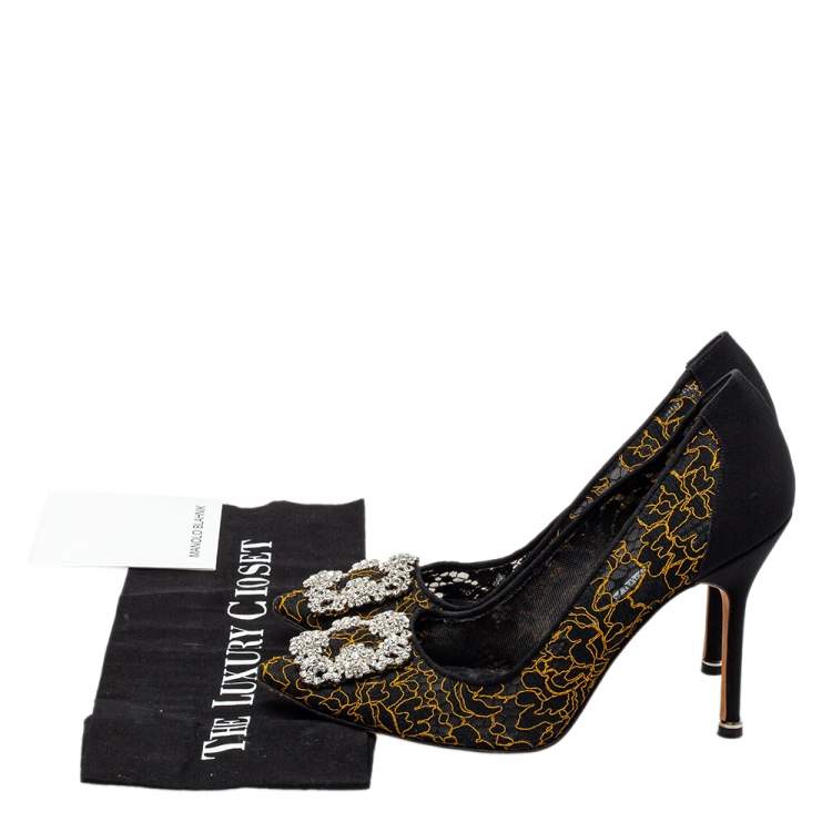 Pre Owned Manolo Blahnik Black Embroidered Mesh And Fabric Hangisi Pumps Size 38.5